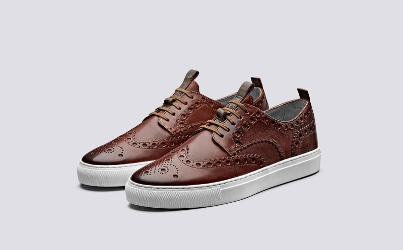 Grenson Sneaker 3 Mens Brogue Sneaker - Brown Hand Painted Calf Leather with a Rubber Sole ZN0173